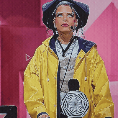 Woman In Yellow Raincoat And Black Hat Holding Microphone GIF