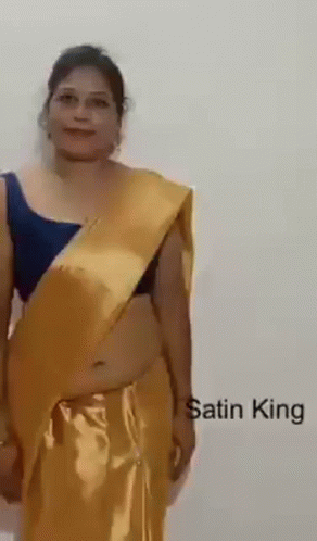 Woman In Yellow Satin Saree And Blue Blouse GIF