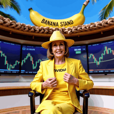 Woman In Yellow Suit Beside Banana Stand GIF