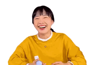 Woman In Yellow Sweater Laughing Holding Blue Bottle Sticker