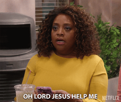 Woman In Yellow Sweater Saying Oh Lord Jesus GIF