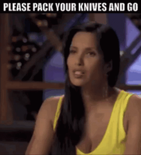 Woman In Yellow Tank Top Saying Please Pack Your Knives And Go GIF
