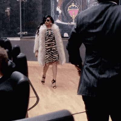 Woman In Zebra Print Dress And White Fur Coat GIF