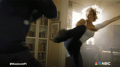 Woman Kicked In Air By Man With NBC GIF