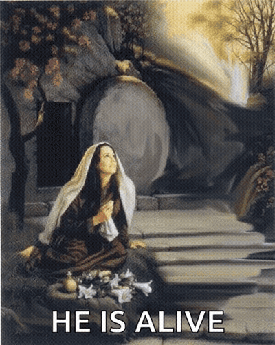 Woman Kneeling At Tomb Saying He Is Alive GIF