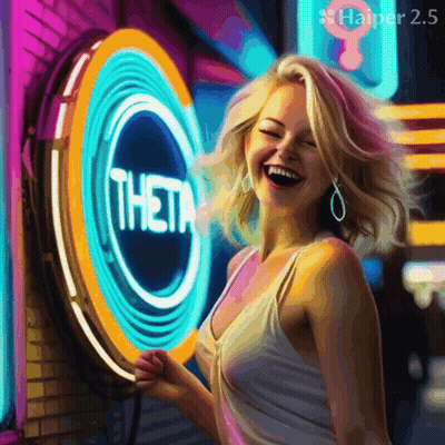 Woman Laughing In Front Of Neon Theta Sign GIF