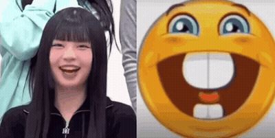 Woman Laughing Next To Cartoon Smiley Face With Big Mouth GIF