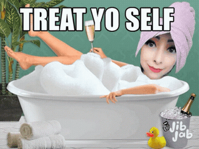 Woman Laying In Bathtub Holding Champagne Treat Yo Self GIF