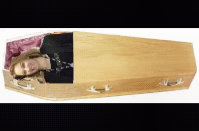 Woman Laying In Wooden Coffin Head Out GIF