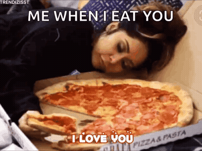 Woman Laying On Bed Next To Pizza Box Saying Me When I Eat You GIF