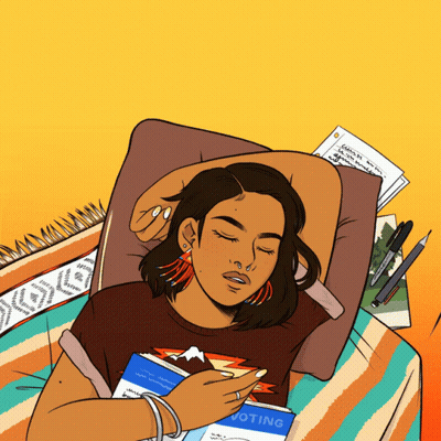 Woman Laying On Bed Reading Book Called Voting GIF