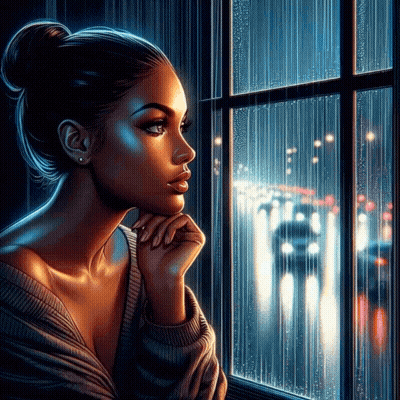 Woman Looking Out Window at Night
