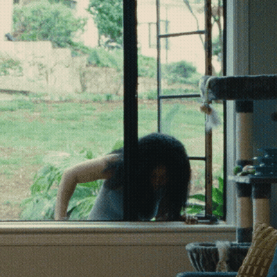 Woman Looking Out Window With Cat Tree GIF
