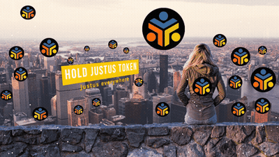 Woman Looking Over City With Justus Token Text GIF