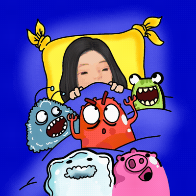Woman Lying In Bed Surrounded By Monsters GIF