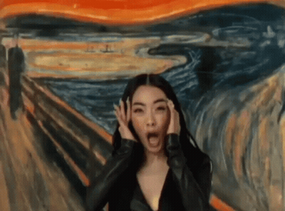 Woman Making Face In Front Of The Scream Painting GIF
