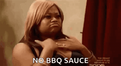 Woman Making Funny Face Holding Chest Saying No BBQ Sauce GIF