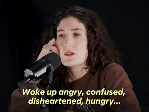 Woman Mic Woke Up Angry Confused Disheartened Hungry GIF