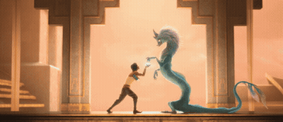 Woman Next To Blue Dragon Standing On Hind Legs GIF