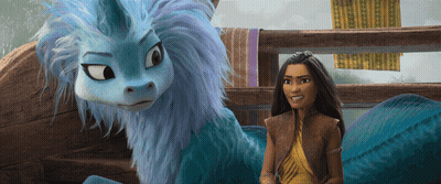 Woman Next To Blue Dragon With Purple Hair GIF