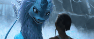 Woman Next To Blue Dragon With Unicorn Horn GIF