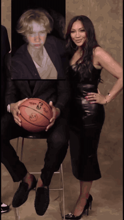 Woman Next To Man Holding NBA Basketball GIF
