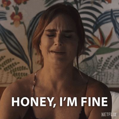 Woman On Bed Eyes Closed Saying Honey I'm Fine GIF