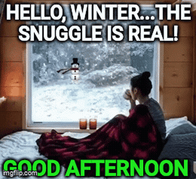 Woman On Bed Looking Out Window With Snowman GIF