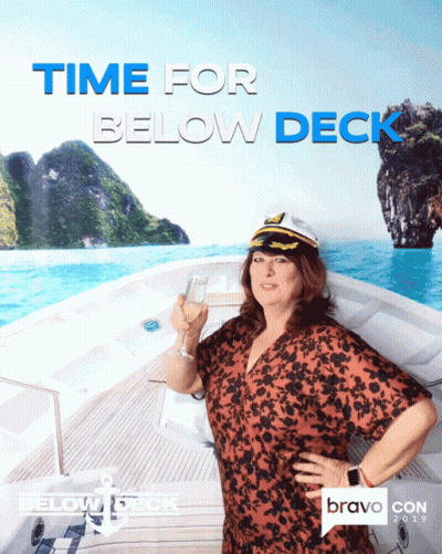Woman On Boat Holding Wine Saying Time For Below Deck GIF