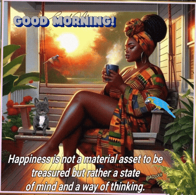 Woman On Porch Swing Holding Coffee With Happiness Quote GIF