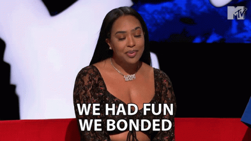 Woman On Red Couch Says We Had Fun We Bonded GIF