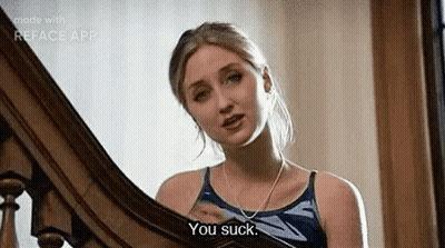 Woman On Stairs Looking In Mirror Saying You Suck GIF