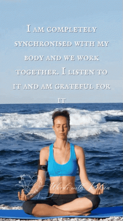 Woman On Yoga Mat In Front Of Ocean With Quote GIF