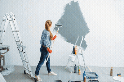 Woman Painting Wall With Roller And Ladder GIF