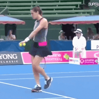 Woman Playing Tennis On Court With Super Yong Classic Sign GIF