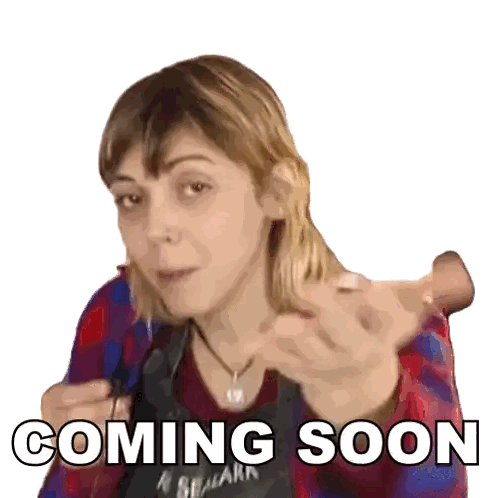 Woman Pointing With Coming Soon Behind Her Sticker