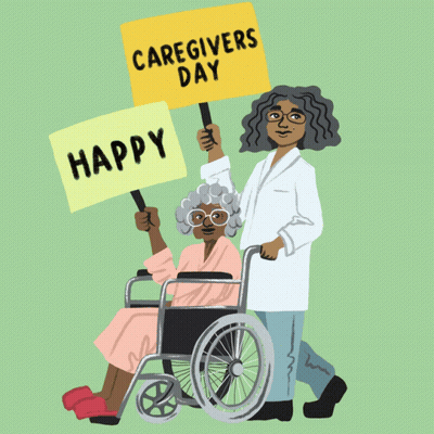 Woman Pushing Elderly Woman In Wheelchair With Caregivers Day Sign GIF