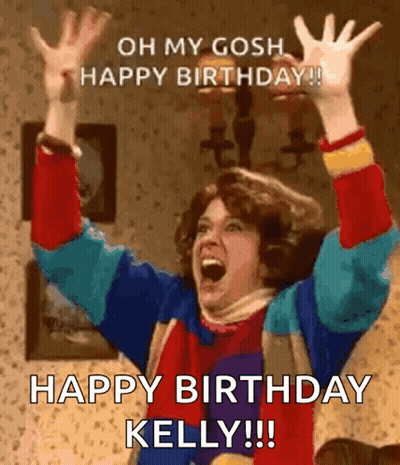 Woman Raising Arms Saying Happy Birthday Kelly GIF