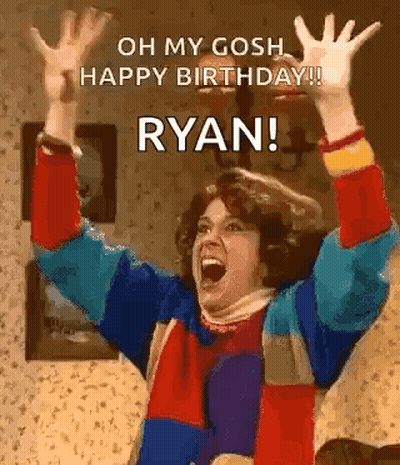 Woman Raising Arms Saying Oh My Gosh Happy Birthday Ryan GIF