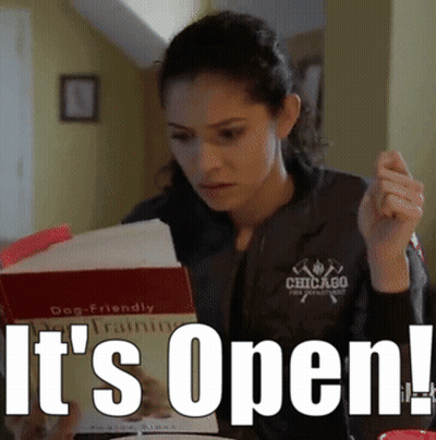 Woman Reading Book Saying It's Open GIF