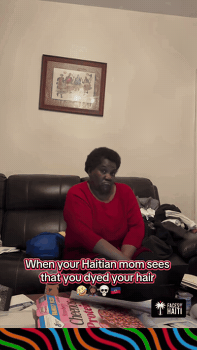 Woman Red Shirt Couch Haitian Mom Sees Dyed Hair GIF