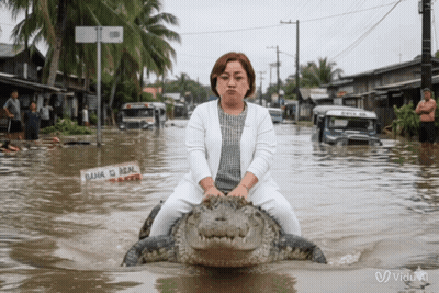 Woman Riding Crocodile In Flooded Street GIF