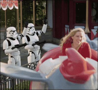 Woman Riding Roller Coaster Behind Stormtroopers GIF