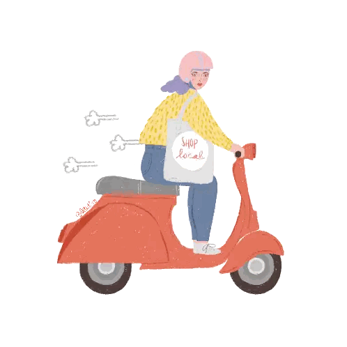 Woman Riding Scooter With Shop Local Tote Sticker