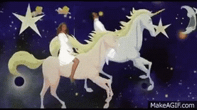 Woman Riding Unicorn In Night Sky GIF