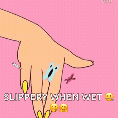 Woman's Hand With Slippery When Wet Text GIF