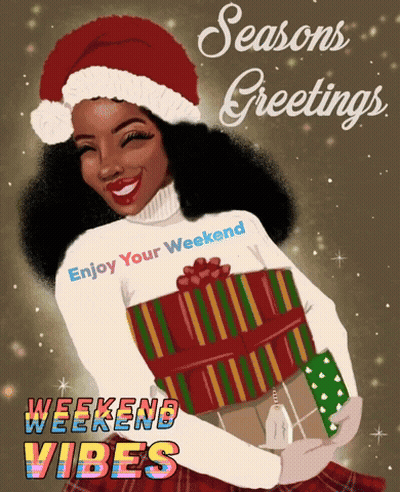 Woman Santa Hat Presents Seasons Greetings Weekend Vibes GIF