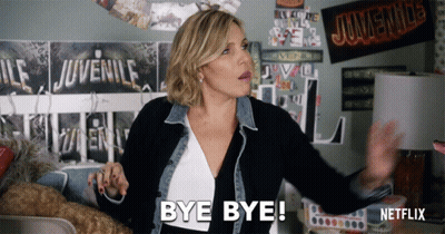 Woman Saying Bye Bye In Front Of Juvenile Banner GIF