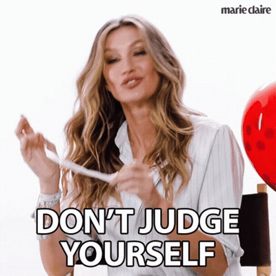 Woman Saying Don't Judge Yourself With Red Balloon GIF