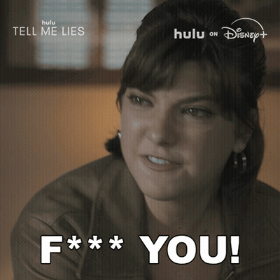 Woman Saying F You In Front Of Hulu On Disney Plus Sign GIF